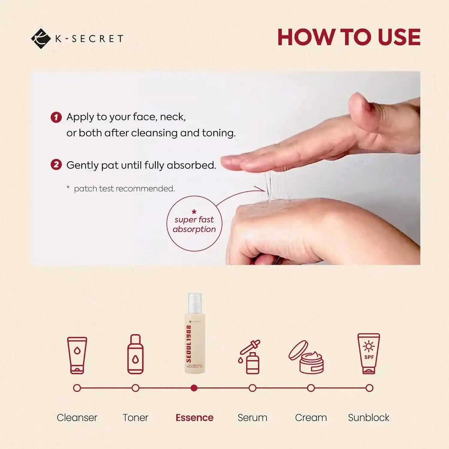 K-Secret skincare product usage guide with hand demonstration and product icons.