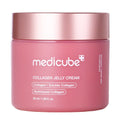 Pink jar of Medicube Collagen Jelly Cream with a rose gold lid on a white background
