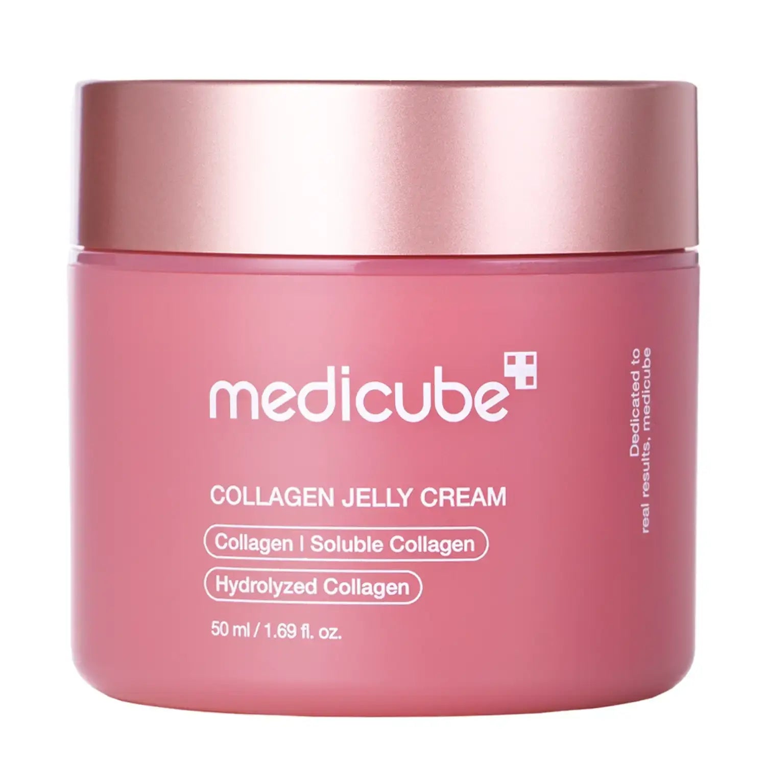 Pink jar of Medicube Collagen Jelly Cream with a rose gold lid on a white background